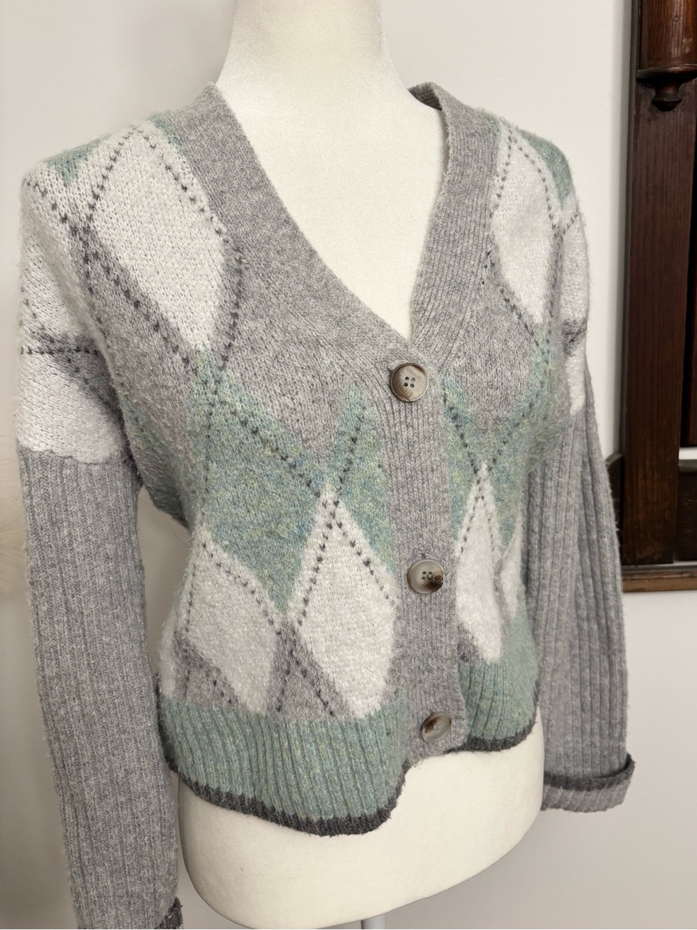 Rachel Zoe Argyle Cardigan Sweater Gray Sage Green White Button Front Small